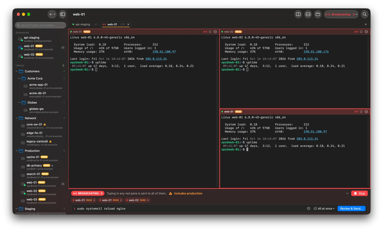 Multiplex broadcasting a command to three production servers, with red pane frames and a production warning.