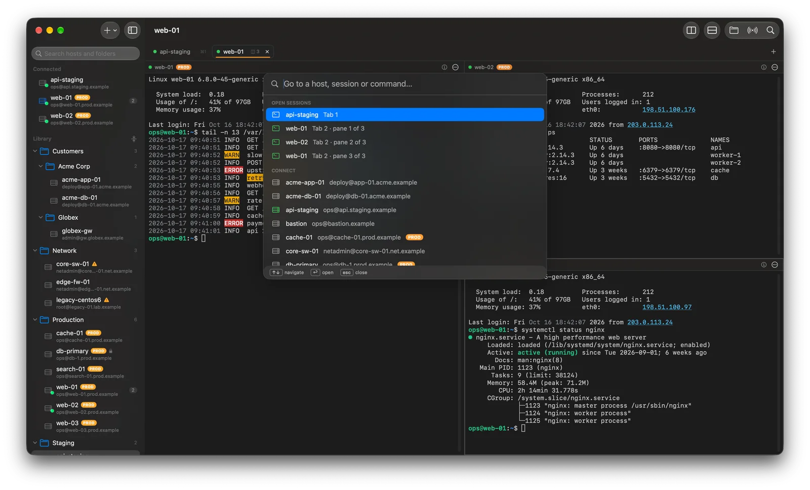 Go to Anything search over the Multiplex workspace, listing sessions and hosts.