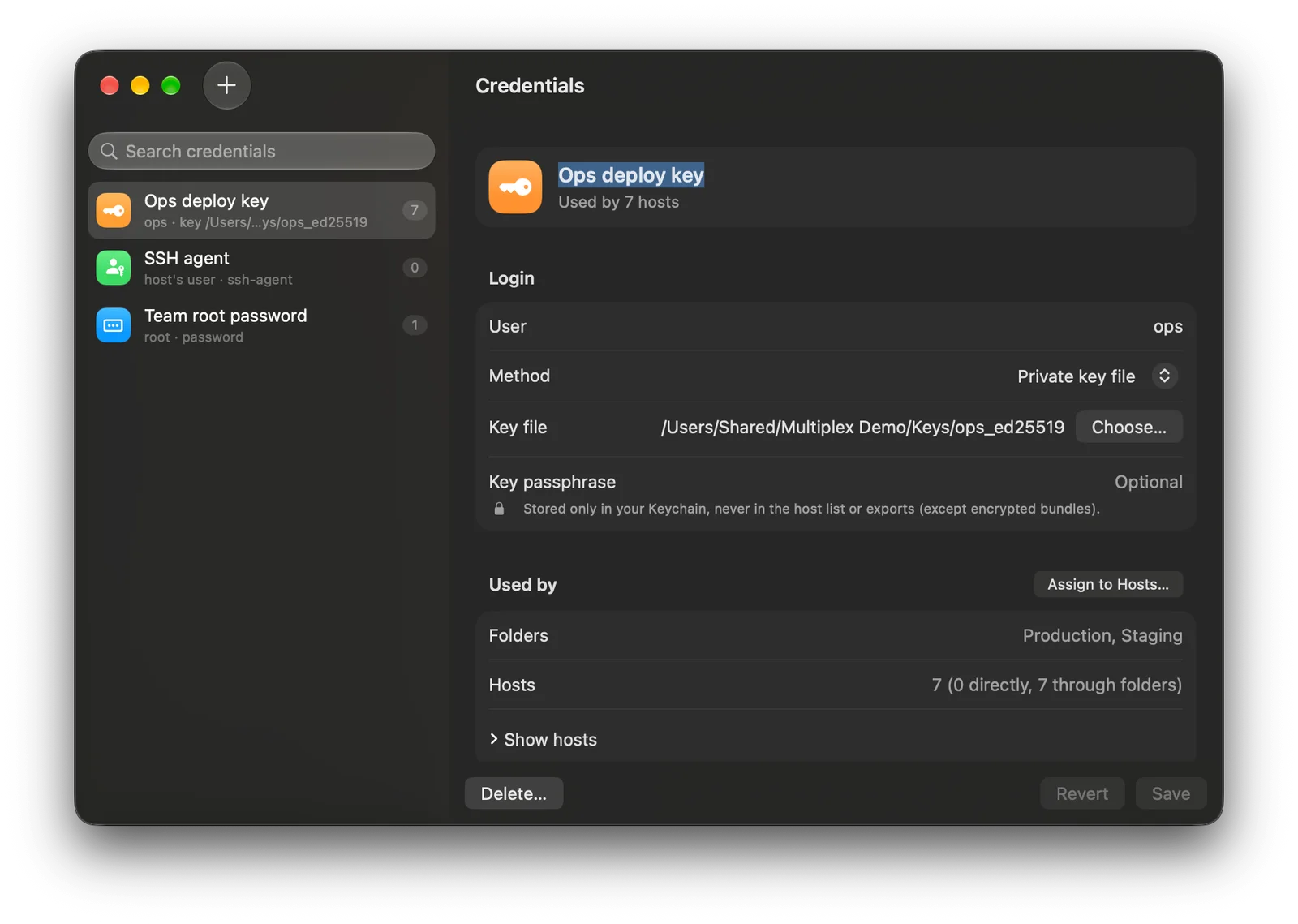 Credentials window with a shared deploy key used by seven hosts.