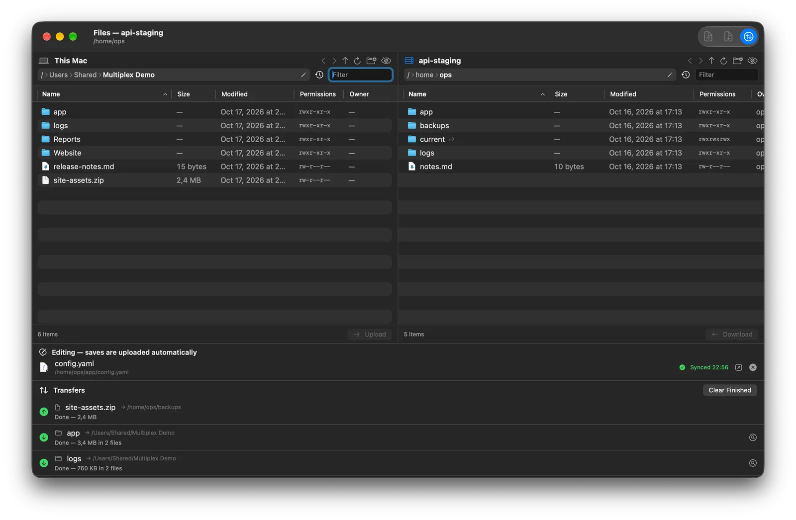 Two-pane SFTP browser with the Mac on the left, the server on the right and a transfer queue below.