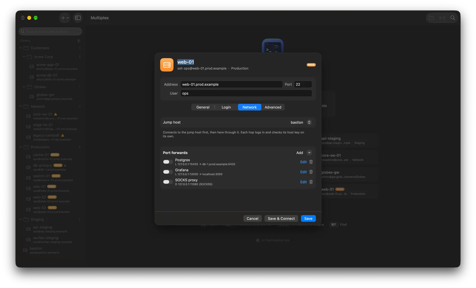 Host editor showing a jump host and three saved port forwards.