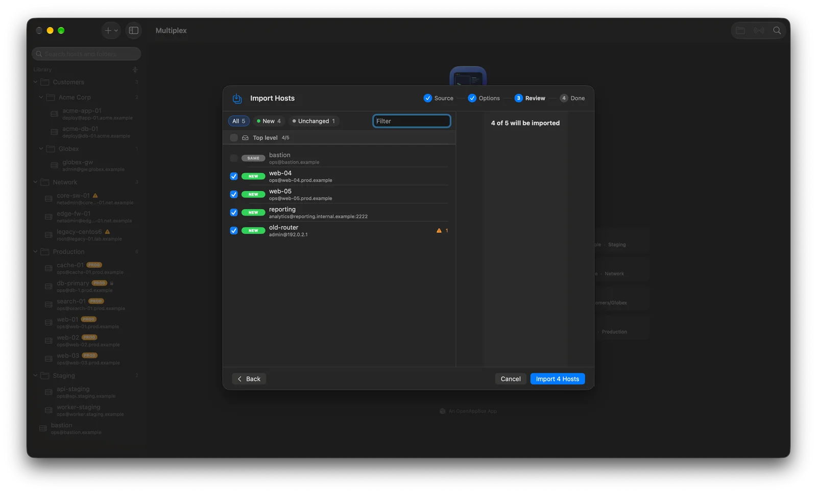 Import review listing new and unchanged hosts from an OpenSSH config file.