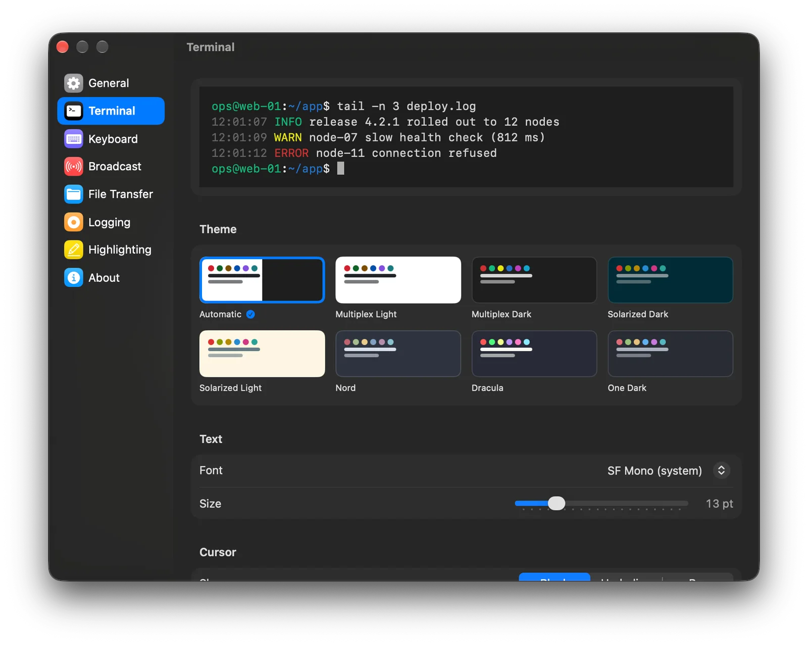 Terminal settings with a theme gallery and live preview.