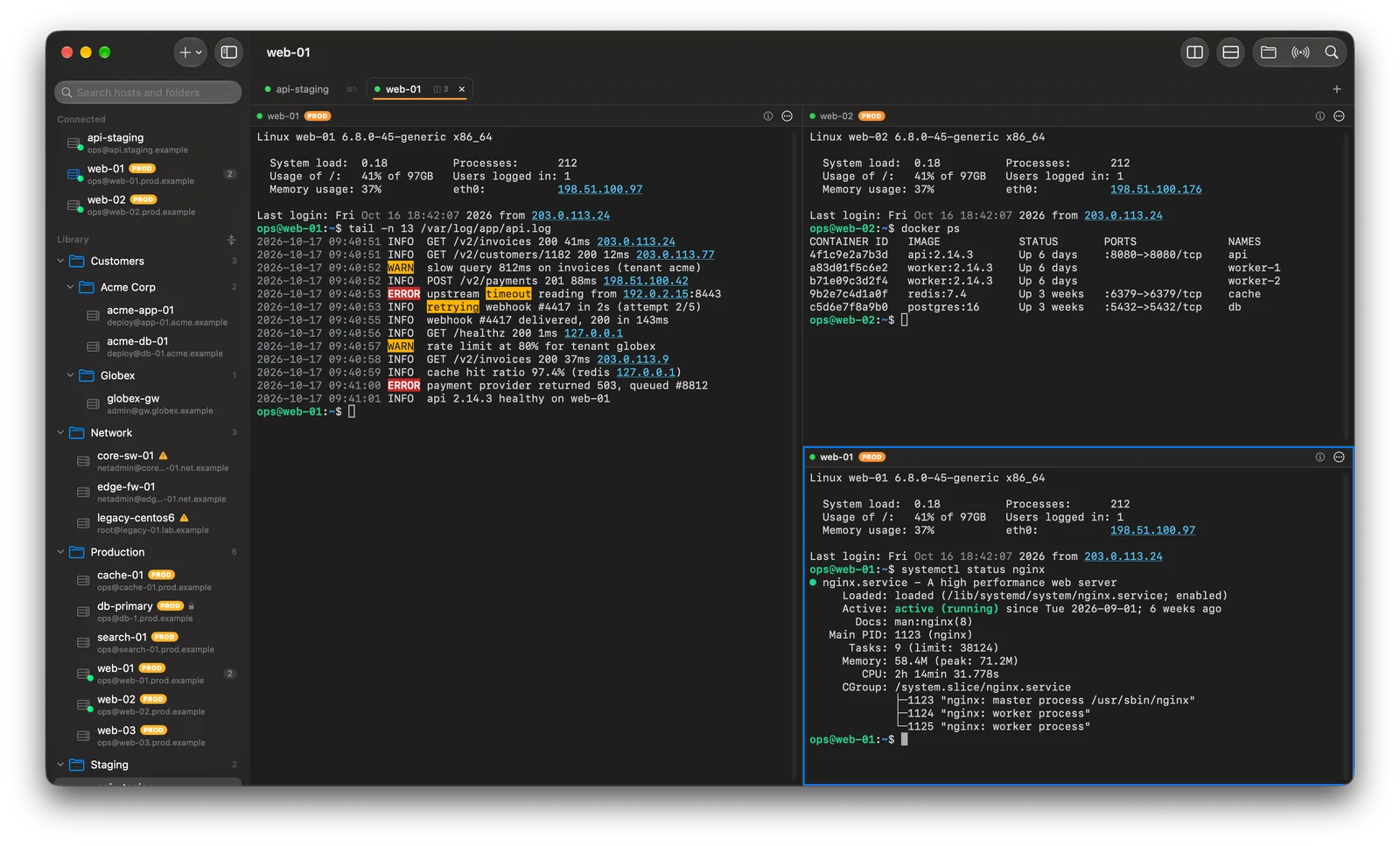Multiplex window with a sidebar of servers organized in folders and three live SSH sessions in split panes, one showing an application log with errors and warnings highlighted.