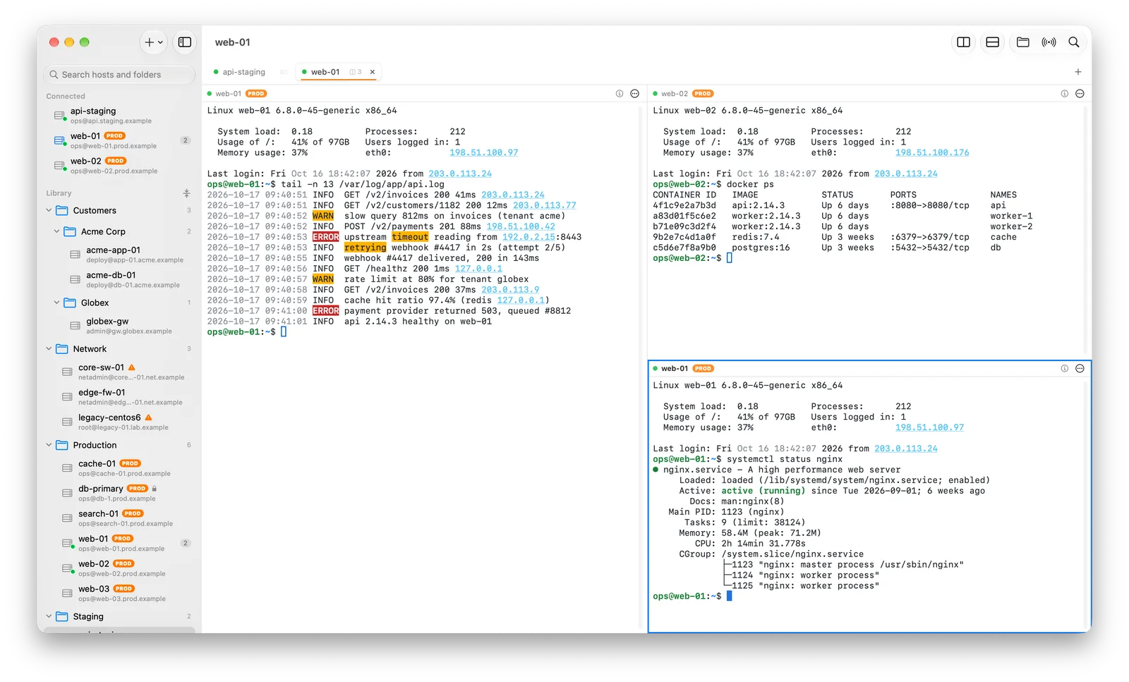 Multiplex window with a sidebar of servers organized in folders and three live SSH sessions in split panes, one showing an application log with errors and warnings highlighted.