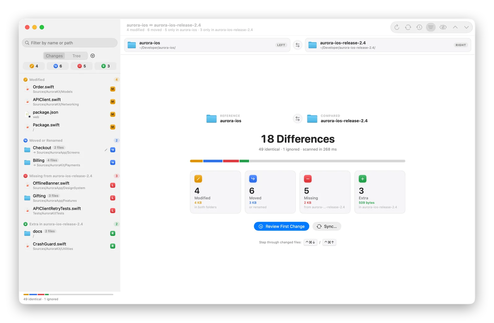 PathDiff vergleicht zwei Kopien eines iOS-Projekts und zeigt 18 Unterschiede: 4 geändert, 6 verschoben, 5 fehlend und 3 zusätzlich, jeweils mit Größe.