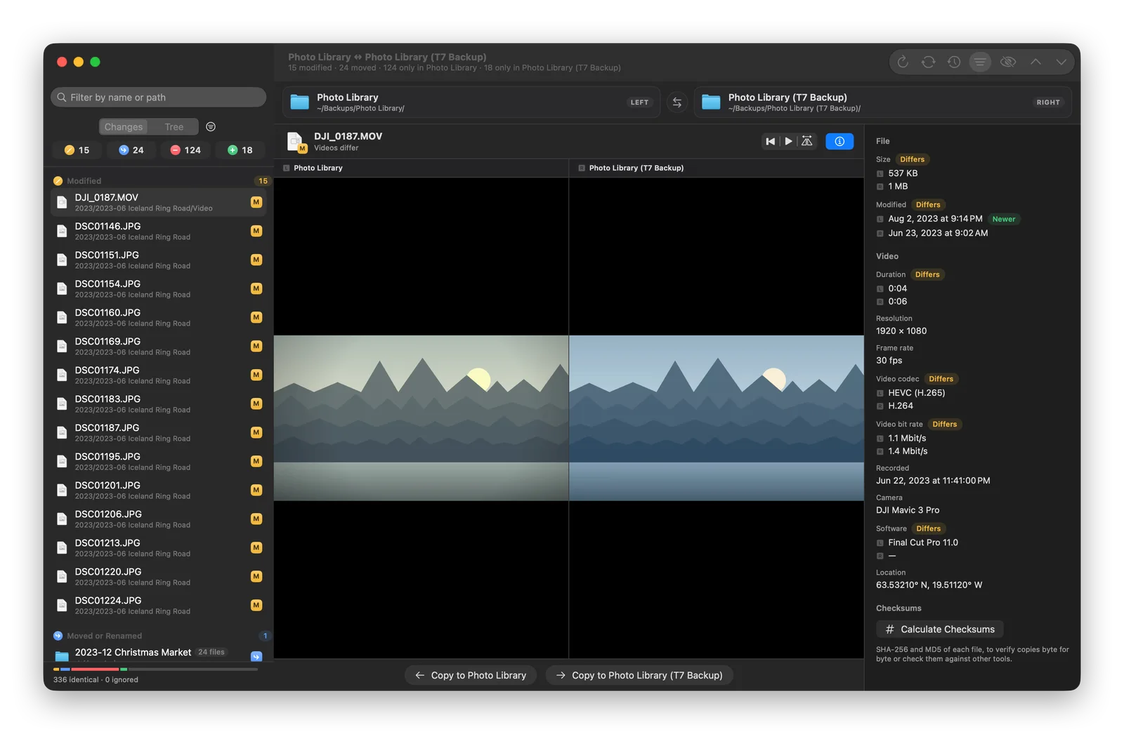 Ein neu exportierter Drohnenclip neben dem Original, mit Dauer, Codec und Bitrate im Vergleich.