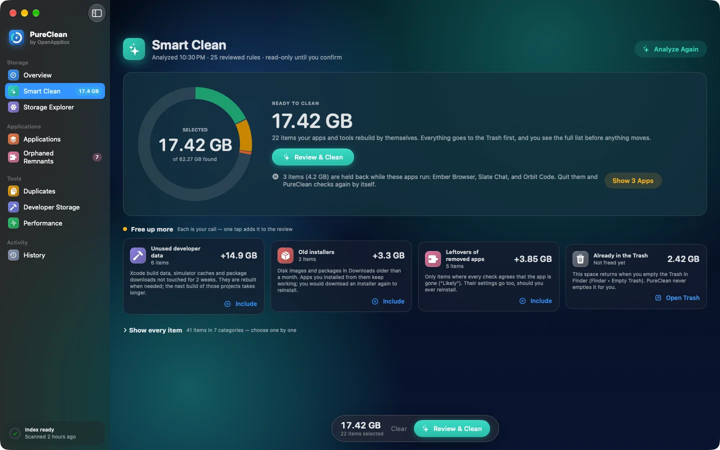 クリーンアップ可能な容量、「Review & Clean」ボタン、追加のオプションが表示された Smart Clean。