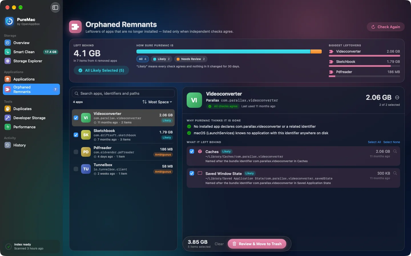 Aplikasi yang sudah dihapus beserta sisanya, label Likely dan Needs Review, dan penjelasan mengapa setiap aplikasi dianggap sudah tidak ada.